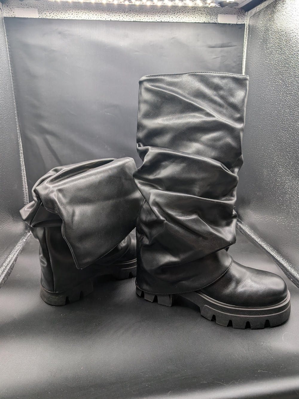 Black Slouchy Chunky Sole Women's Boots - Picture 2 of 4